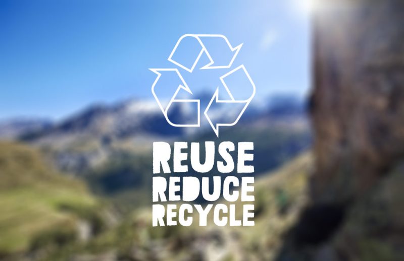 bild över landskap med blå himmel. på bilden ligger text reuse, reduce, recycle